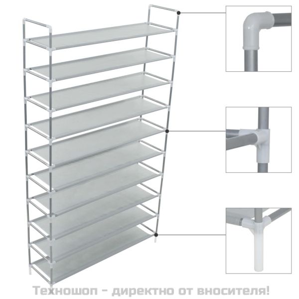 Стелаж за обувки с 10 рафта, метал и нетъкан текстил, черен