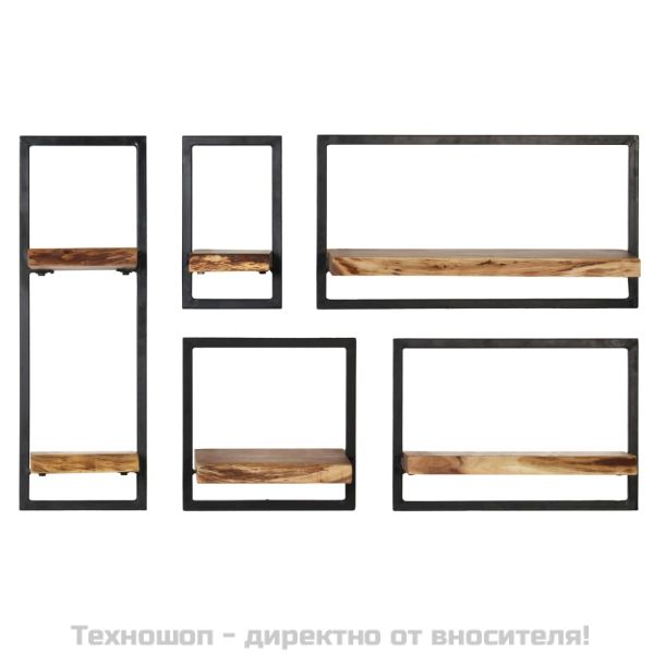 Рафтове за стена, 5 бр, акациево дърво масив и стомана