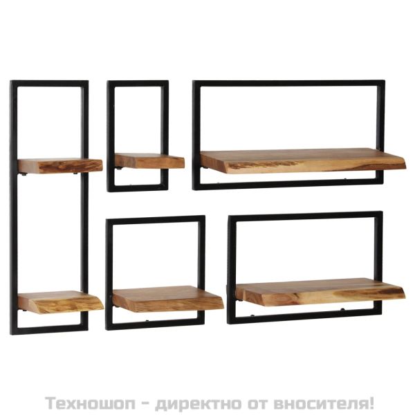 Рафтове за стена, 5 бр, акациево дърво масив и стомана