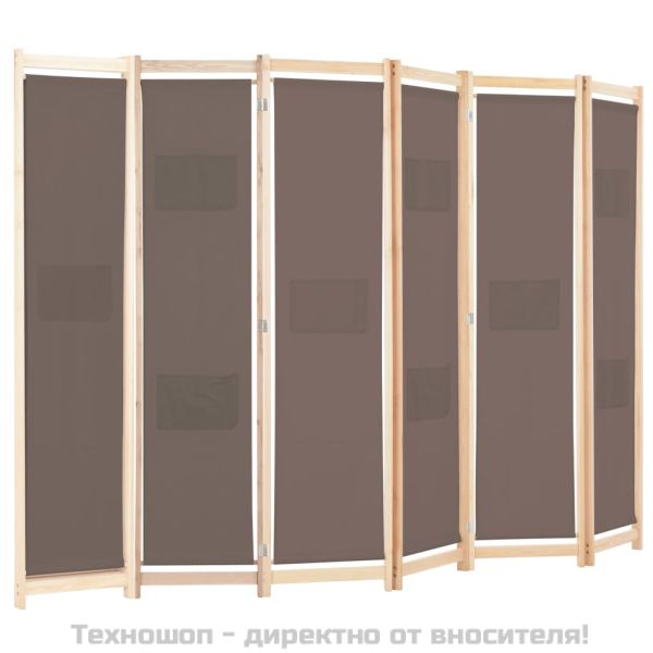 Параван за стая, 6 панела, кафяв, 240х170х4 cм, текстил