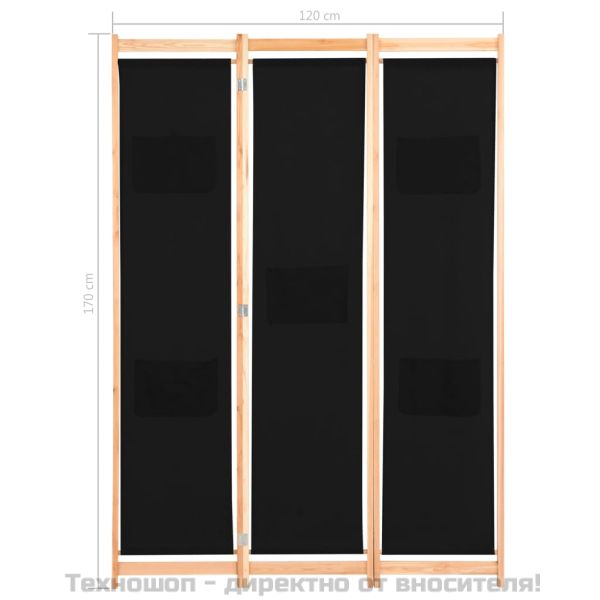 Параван за стая, 3 панела, черен, 120x170x4 cм, текстил