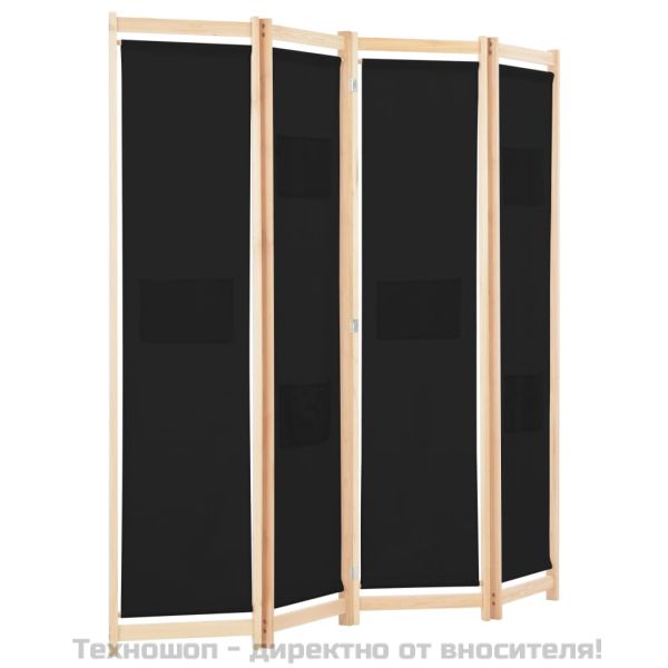 Параван за стая, 4 панела, черен, 160x170x4 cм, текстил