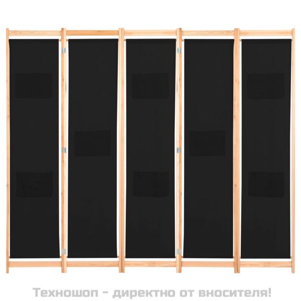 Параван за стая, 5 панела, черен, 200x170x4 cм, текстил