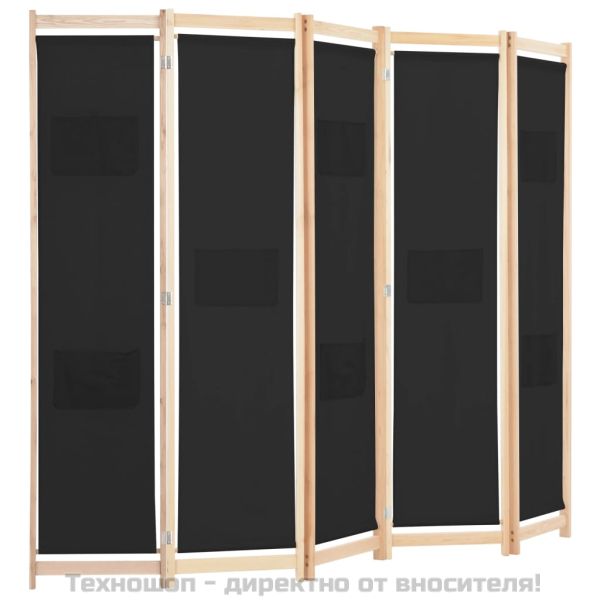 Параван за стая, 5 панела, черен, 200x170x4 cм, текстил