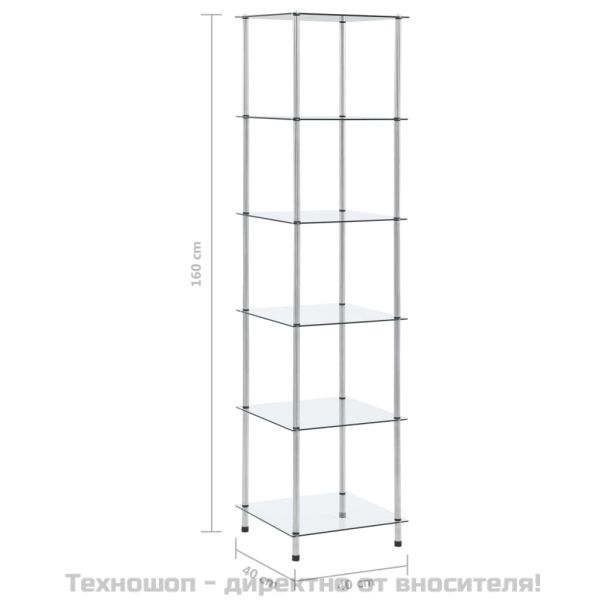 Етажерка с 6 рафта, прозрачна, 40x40x160 см, закалено стъкло