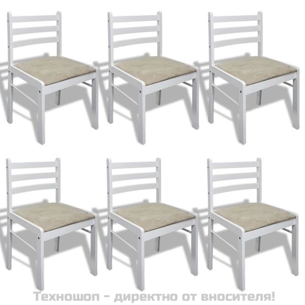 Трапезни столове, 6 бр, бели, масивно дърво и кадифе