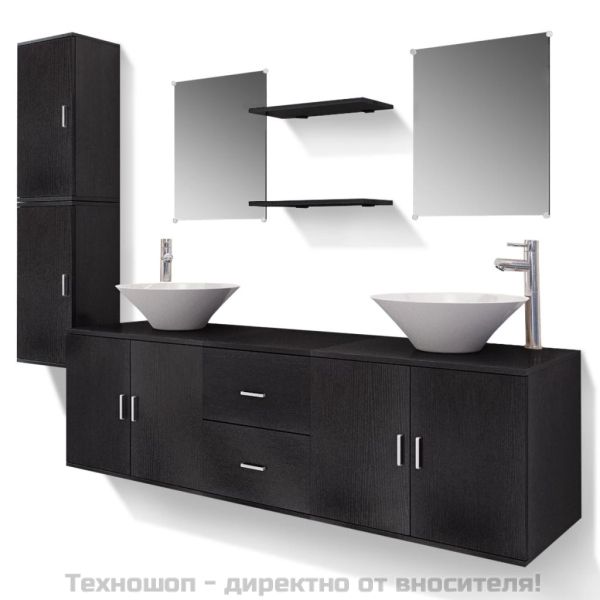 комплект мебели от 11 части и мивка за баня, черен цвят