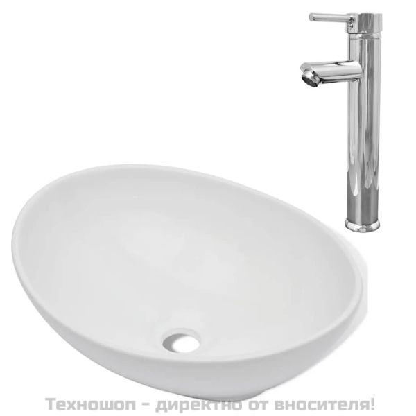 Мивка за баня със смесител, керамична, овална, бяла