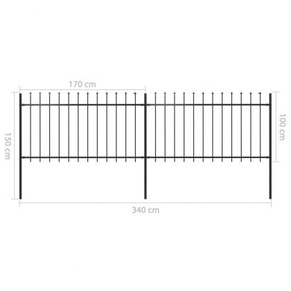 Градинска ограда с връх тип копие, стомана, 359x100 см, черна