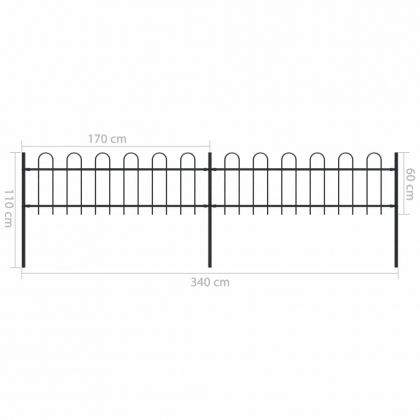 Градинска ограда с обръч връх, стомана, 359x60 см, черна