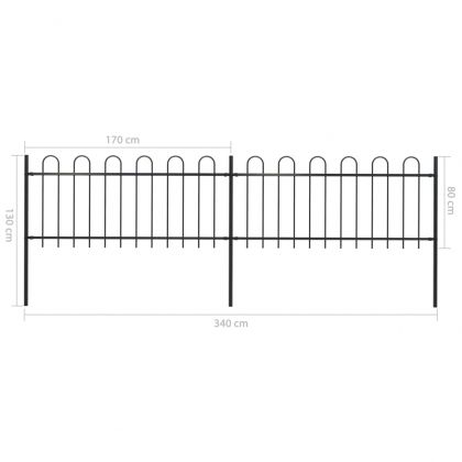 Градинска ограда с обръч връх, стомана, 359x80 см, черна