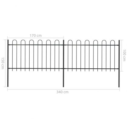 Градинска ограда с обръч връх, стомана, 359x100 см, черна
