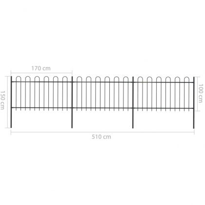 Градинска ограда с обръч връх, стомана, 537x100 см, черна