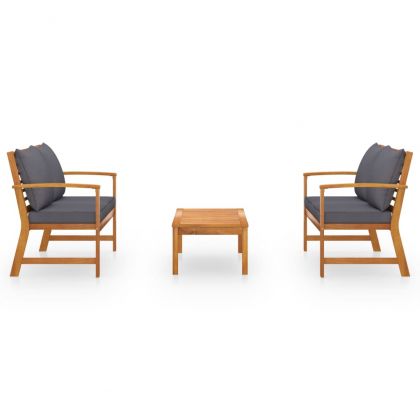 Градински лаундж комплект с възглавници, 3 части, акация масив