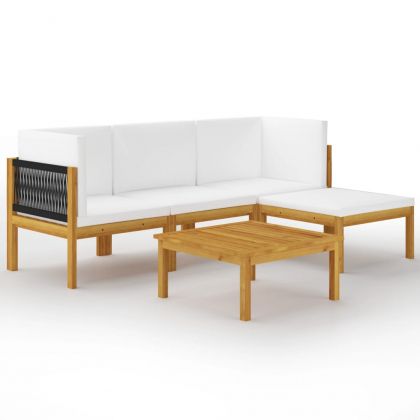 Градински комплект с възглавници, 5 части, кремаво дърво, акация и въже