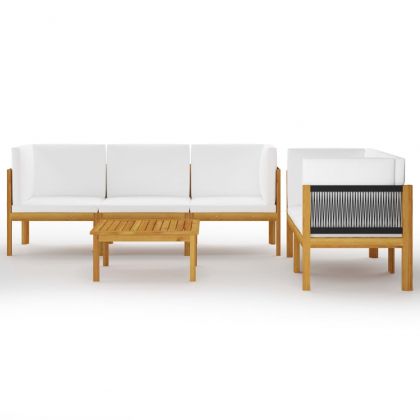 Градински комплект с възглавници, 6 части, кремаво дърво, акация и въже