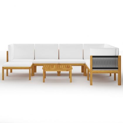 Градински комплект с възглавници, 8 части, кремаво дърво, акация и въже