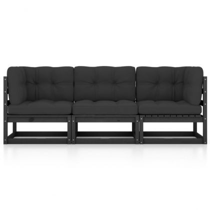 3-местен градински диван с възглавници, борово дърво масив