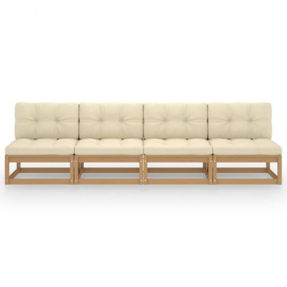 4-местен градински диван с възглавници, борово дърво масив