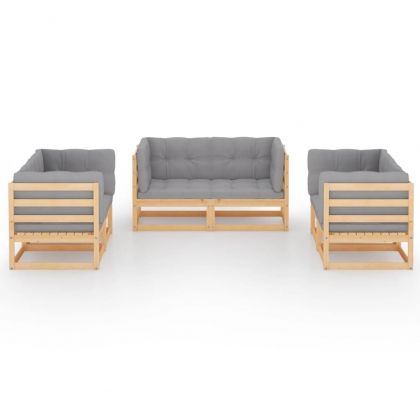 Градински лаундж комплект, 6 части, с възглавници, бор масив