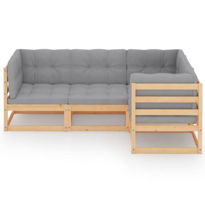 4-местен градински лаундж комплект с възглавници, бор масив