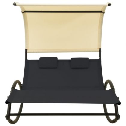 Двоен шезлонг със сенник, Textilene, черно и кремаво