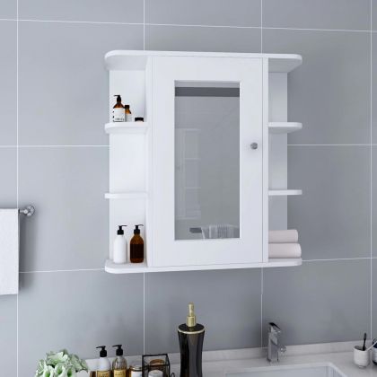 Шкаф с огледало за баня, бял, 66x17x63 см, МДФ