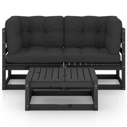 Градински лаундж комплект, 3 части, с възглавници, бор масив