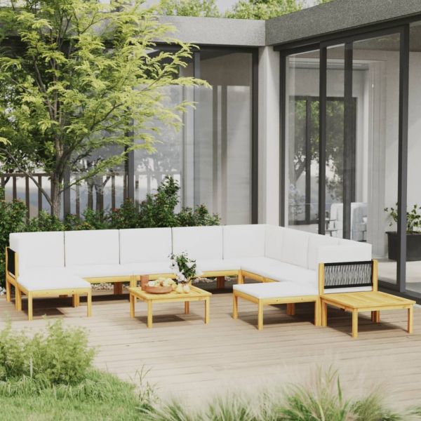 Градински комплект с възглавници, 12 части, кремаво дърво, акация и въже