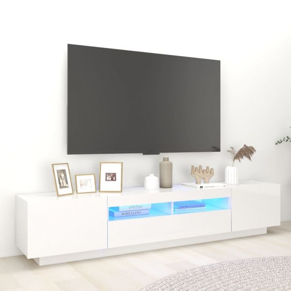 ТВ шкаф с LED осветление, бял гланц, 200x35x40 см