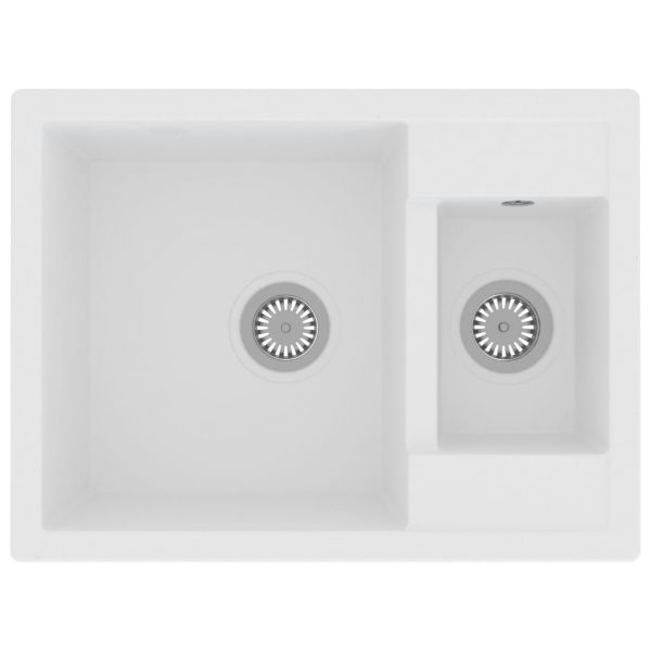 Кухненска мивка с преливник, двойно корито, бяла, гранит