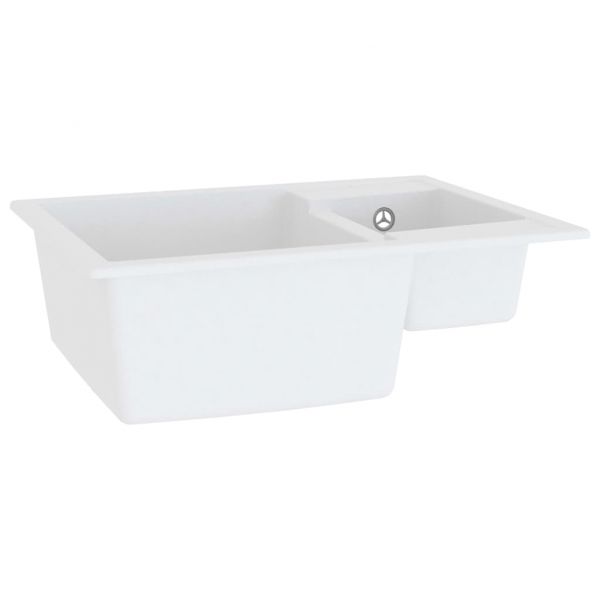 Кухненска мивка с преливник, двойно корито, бяла, гранит