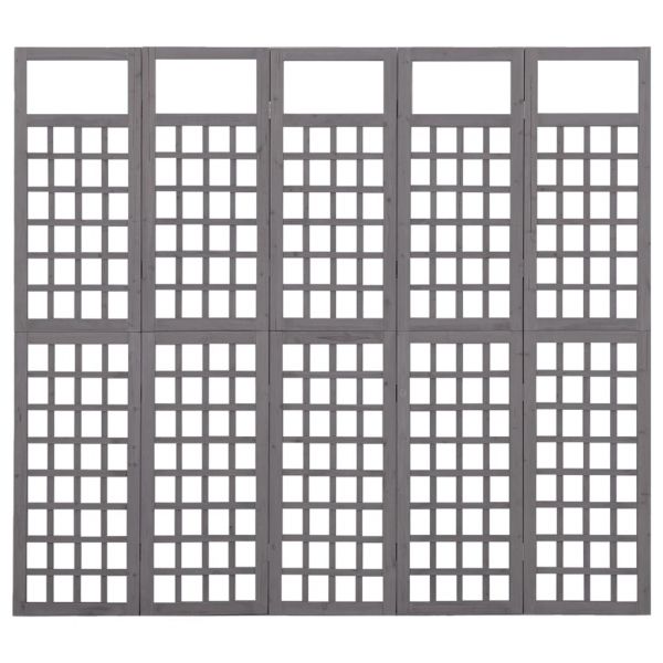 Параван за стая, 5 панела, сив, масивна ела, 201,5x180 см