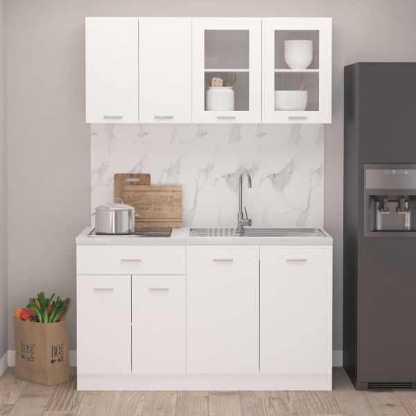 Комплект кухненски шкафове от 4 части, бял, инженерно дърво