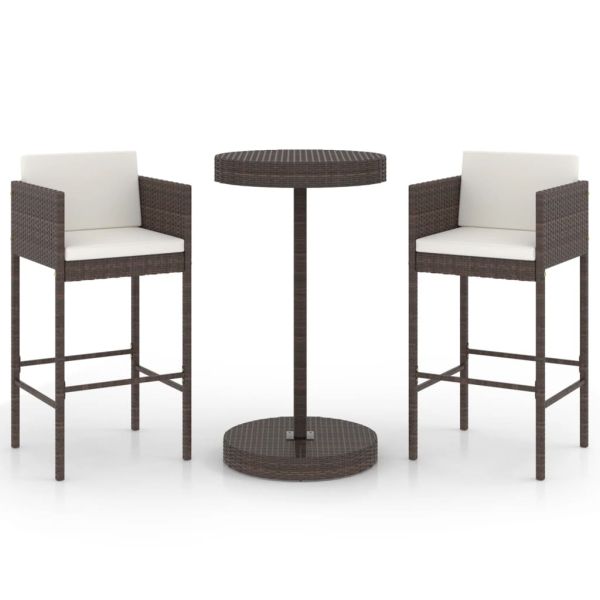 Градински бар комплект с възглавници, 3 части, кафяв полиратан