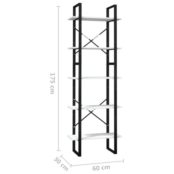 5-етажна библиотека, бяла, 60x30x175 см, борово дърво масив