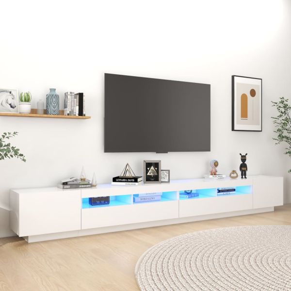 ТВ шкаф с LED осветление, бял, 300x35x40 см