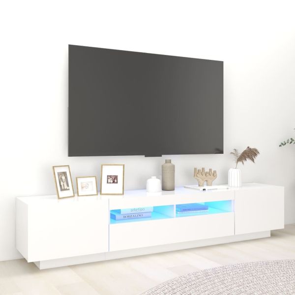 ТВ шкаф с LED осветление, бял, 200x35x40 см