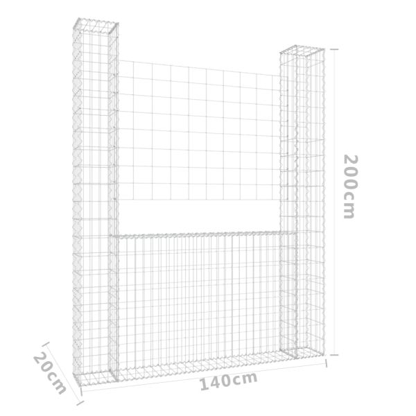 U-образна габионна кошница с 2 стълба, желязо, 140x20x200 см
