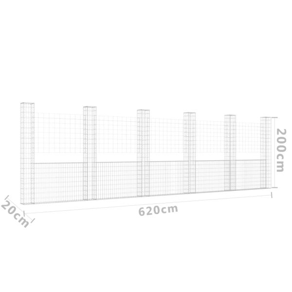 U-образна габионна кошница с 6 стълба, желязо, 620x20x200 см