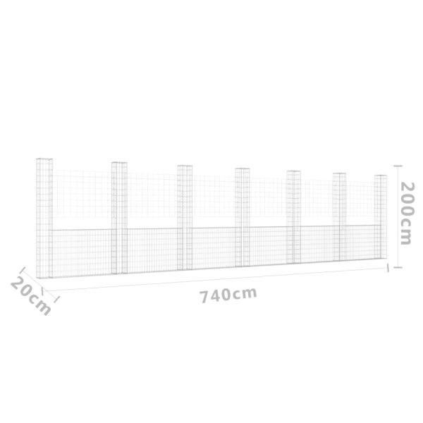 U-образна габионна кошница със 7 стълба, желязо, 740x20x200 см