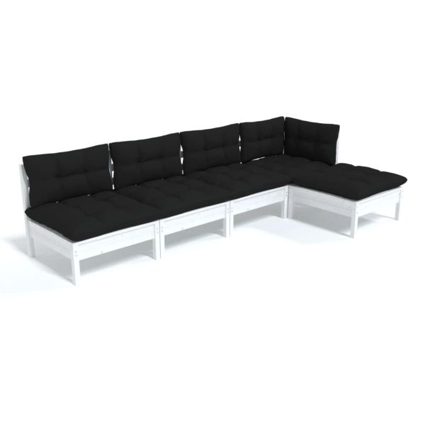 Градински лаундж комплект с възглавници, 5 части, бял бор