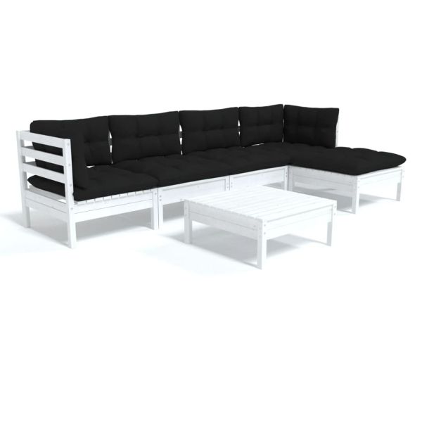 Градински лаундж комплект с възглавници, 6 части, бял бор