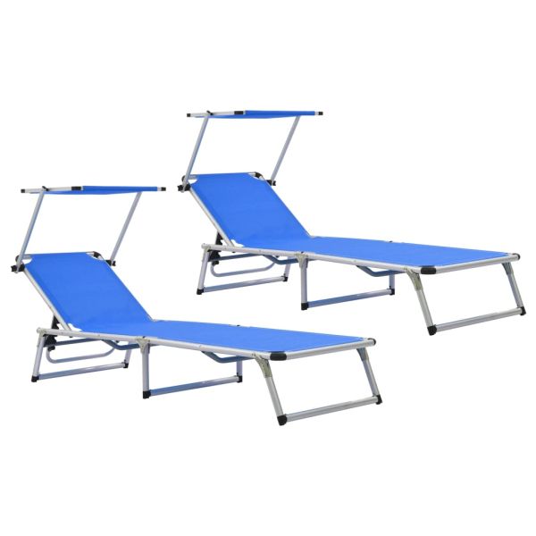 312457 Folding Sun Loungers with Roof 2 pcs Aluminium&Textilene Blue