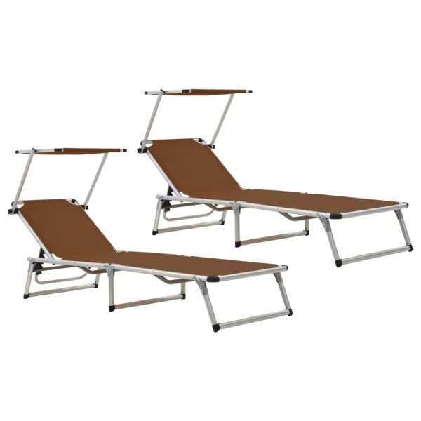 312461 Folding Sun Loungers with Roof 2 pcs Aluminium&Textilene Brown