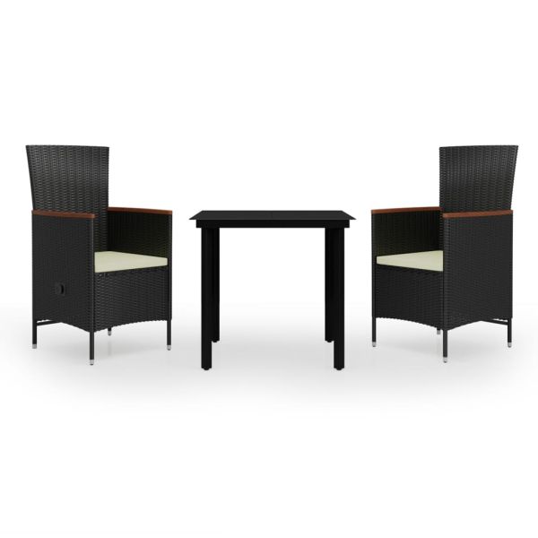 Градински трапезен комплект от 3 части с възглавници черен