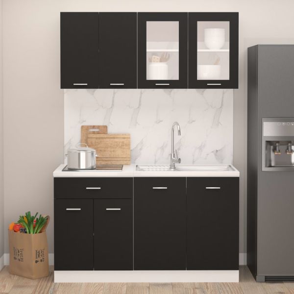Комплект кухненски шкафове от 4 части, черен, ПДЧ