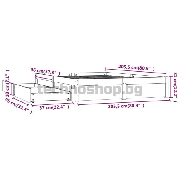 Рамка за легло с чекмеджета, бяла, 200x200 см