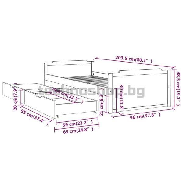 Рамка за легло с чекмеджета, бяла, бор масив, 90х200 см