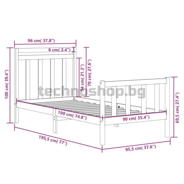Рамка за легло, дърво масив, 90x190 см, Single